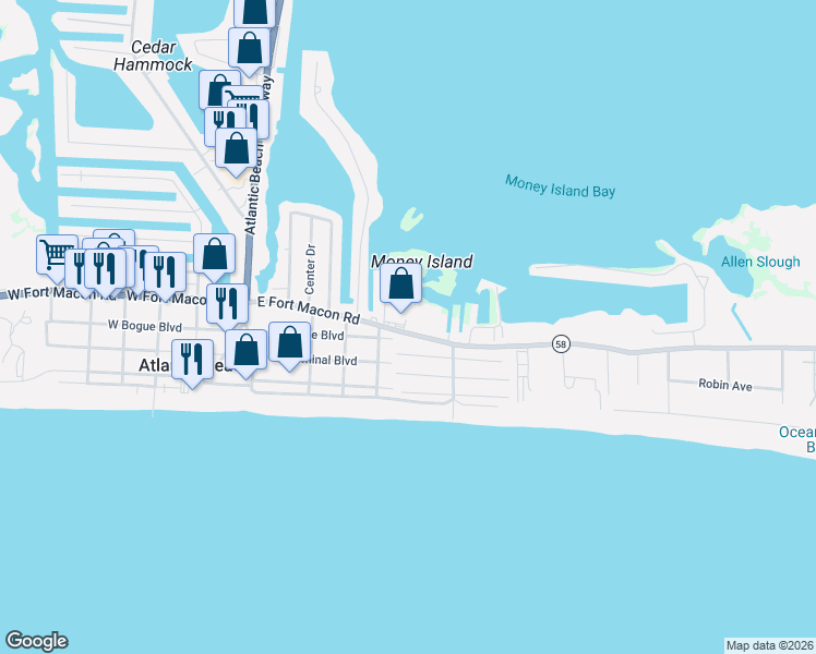 map of restaurants, bars, coffee shops, grocery stores, and more near 106 Brooks Street in Atlantic Beach