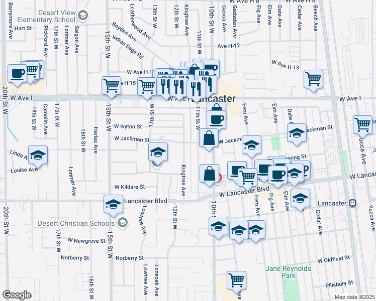 map of restaurants, bars, coffee shops, grocery stores, and more near 45002 Kingtree Avenue in Lancaster
