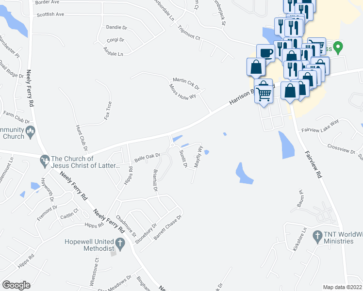 map of restaurants, bars, coffee shops, grocery stores, and more near 547 Harrison Bridge Road in Simpsonville