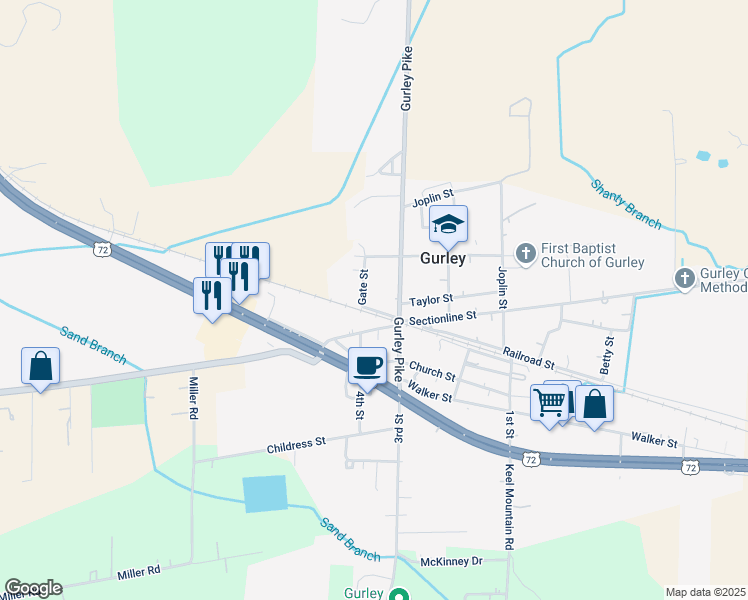 map of restaurants, bars, coffee shops, grocery stores, and more near 165 Gate Street in Gurley