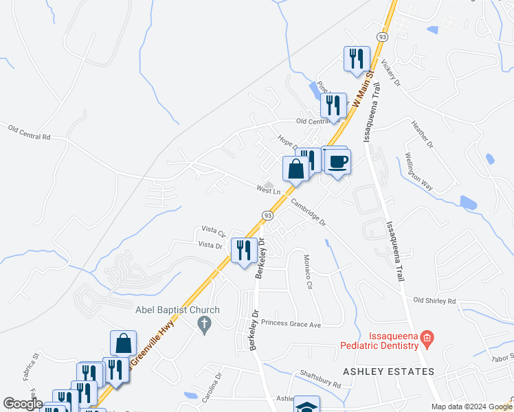 map of restaurants, bars, coffee shops, grocery stores, and more near 1001 West Lane in Central