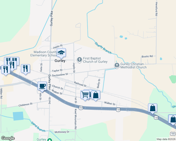 map of restaurants, bars, coffee shops, grocery stores, and more near 335 Sectionline Street in Gurley