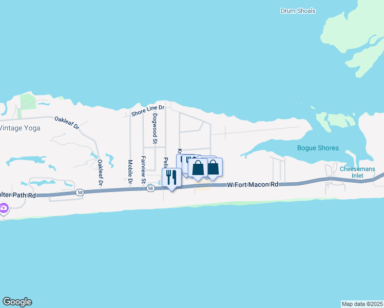 map of restaurants, bars, coffee shops, grocery stores, and more near 111 Pinewood Drive in Atlantic Beach