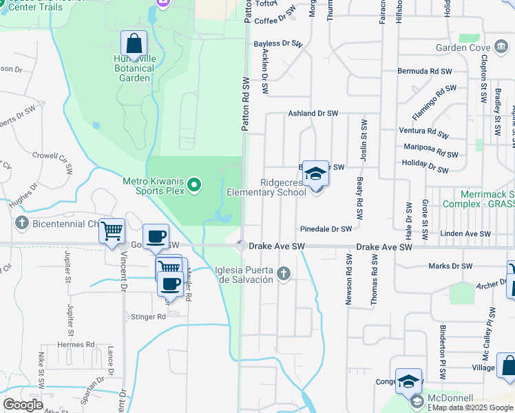 map of restaurants, bars, coffee shops, grocery stores, and more near 3608 Mc Vay Street Southwest in Huntsville