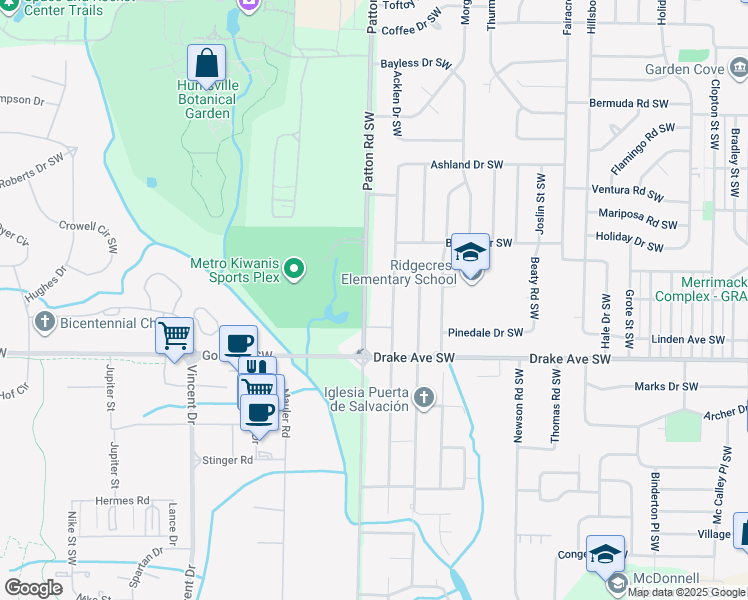 map of restaurants, bars, coffee shops, grocery stores, and more near 3608 Mc Vay Street Southwest in Huntsville