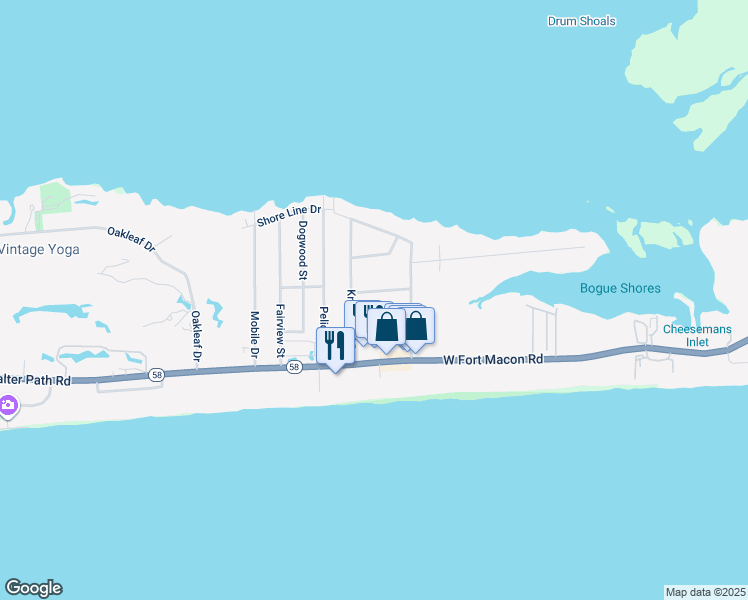 map of restaurants, bars, coffee shops, grocery stores, and more near 111 Pinewood Drive in Atlantic Beach