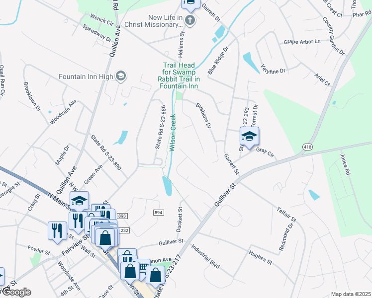 map of restaurants, bars, coffee shops, grocery stores, and more near 608 Sunset Maple Court in Fountain Inn