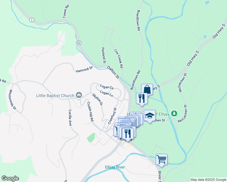 map of restaurants, bars, coffee shops, grocery stores, and more near 131 Logan Circle in Ellijay