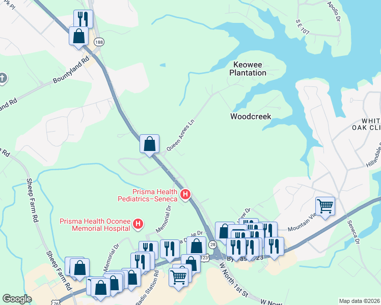 map of restaurants, bars, coffee shops, grocery stores, and more near 1022 Stephanie Lane in Seneca