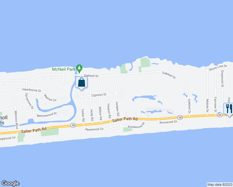 map of restaurants, bars, coffee shops, grocery stores, and more near 124 Juniper Road in Pine Knoll Shores
