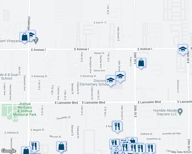 map of restaurants, bars, coffee shops, grocery stores, and more near 1616 Silvia Avenue in Lancaster