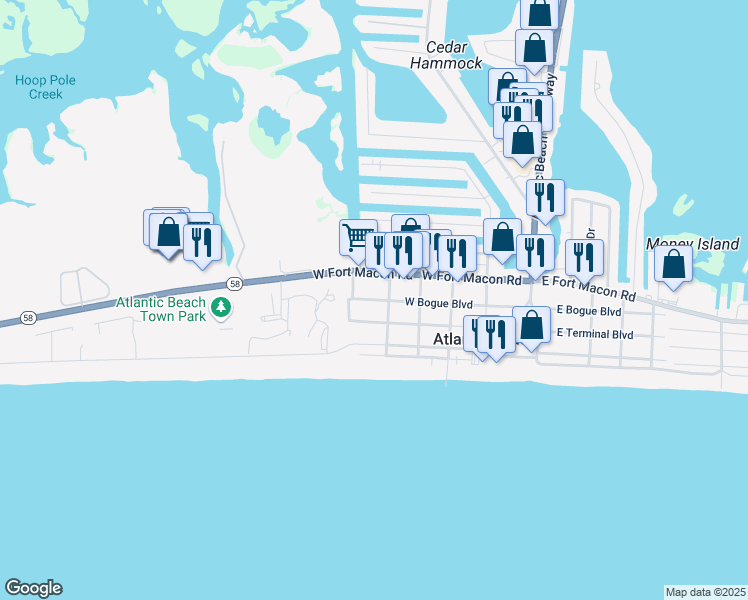 map of restaurants, bars, coffee shops, grocery stores, and more near 100 South Durham Avenue in Atlantic Beach