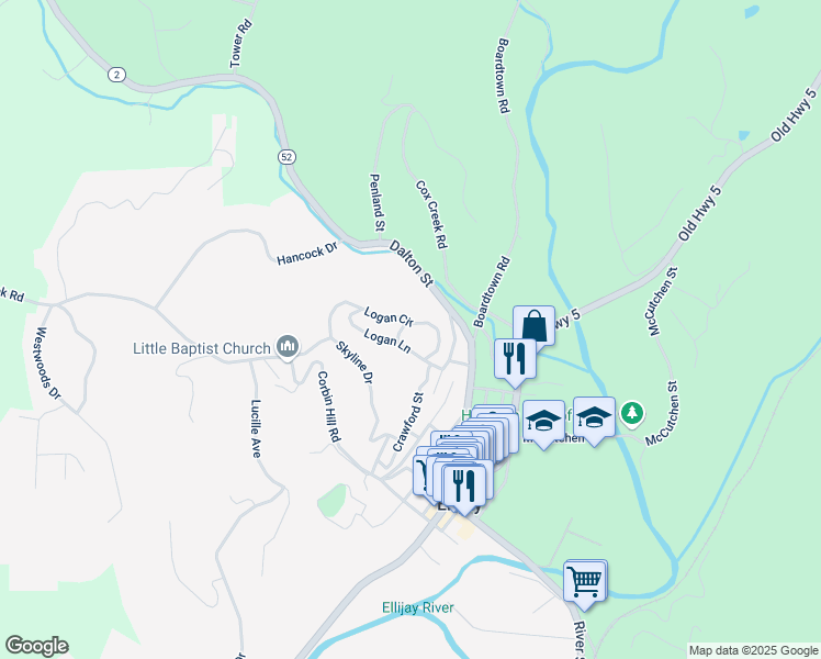 map of restaurants, bars, coffee shops, grocery stores, and more near 131 Logan Circle in Ellijay