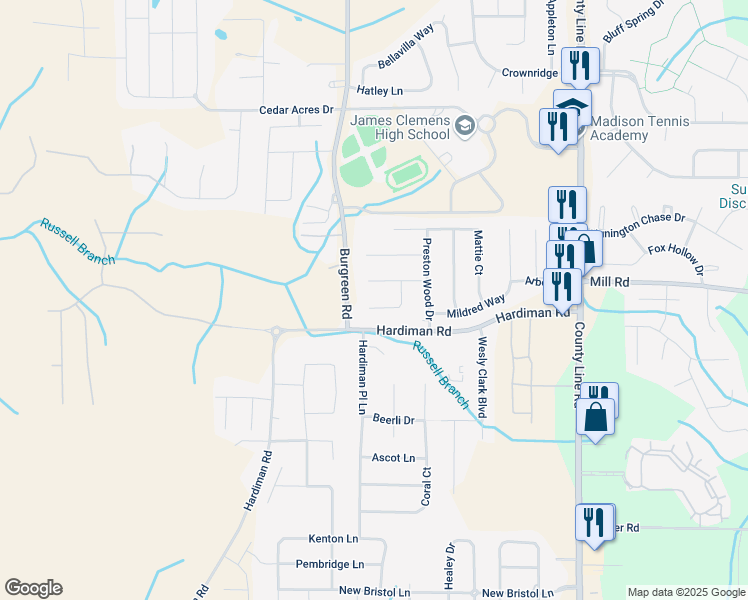 map of restaurants, bars, coffee shops, grocery stores, and more near 117 Woodmere Court in Madison