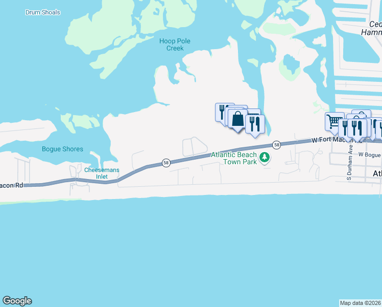 map of restaurants, bars, coffee shops, grocery stores, and more near 109 Bay Ridge Drive in Atlantic Beach