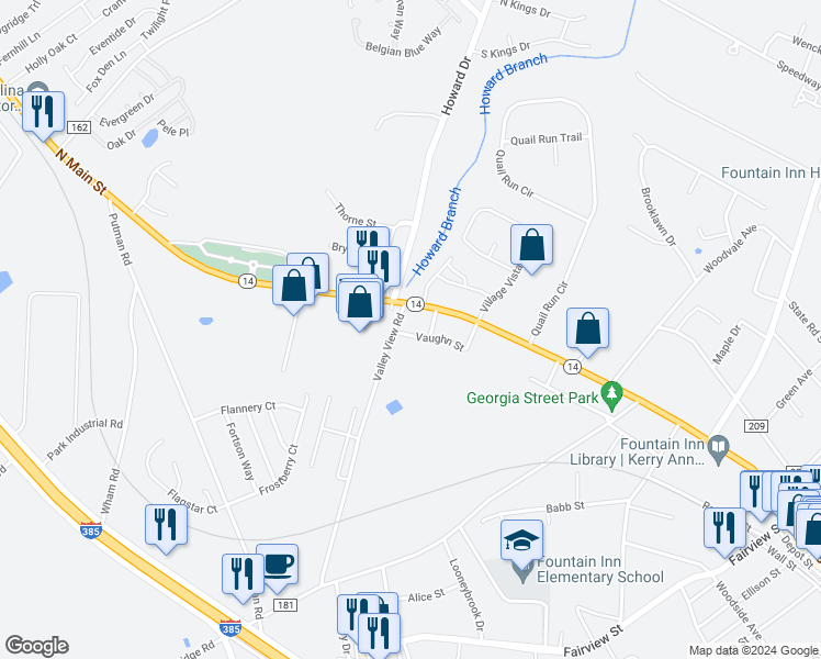 map of restaurants, bars, coffee shops, grocery stores, and more near 112 Vaughn Street in Fountain Inn