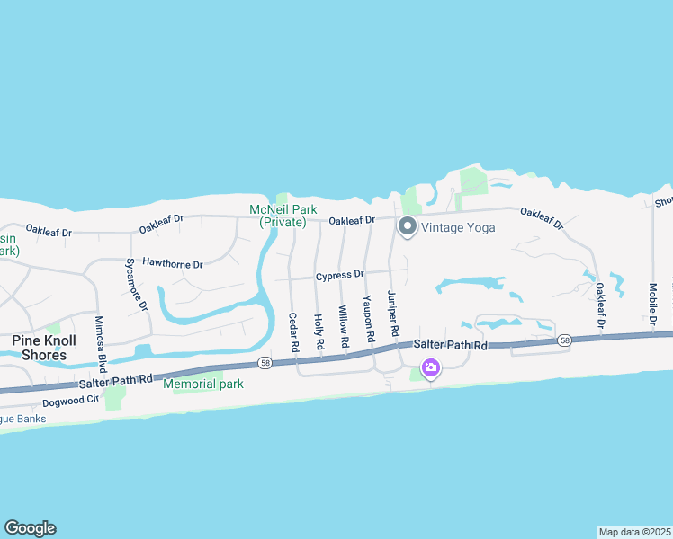 map of restaurants, bars, coffee shops, grocery stores, and more near 129 Willow Road in Pine Knoll Shores