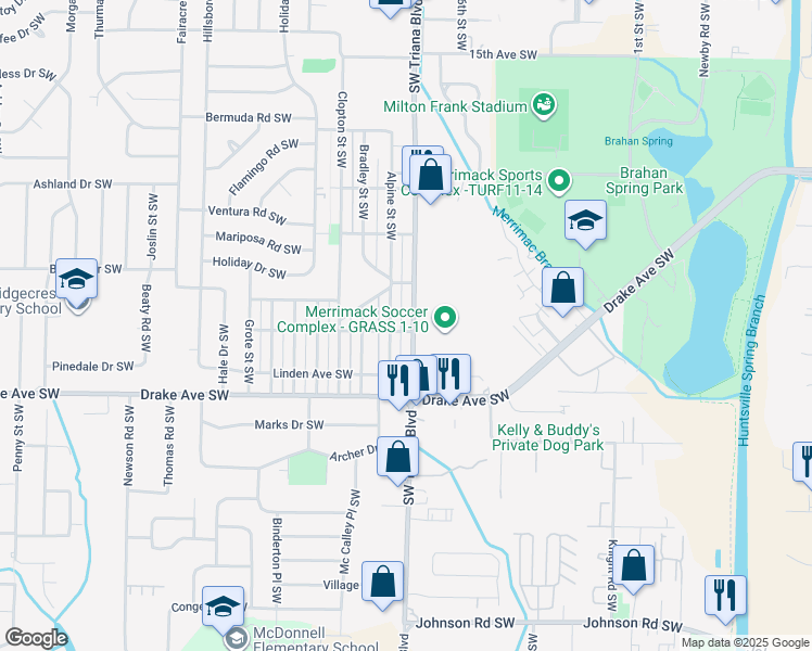 map of restaurants, bars, coffee shops, grocery stores, and more near 3516 Triana Boulevard Southwest in Huntsville