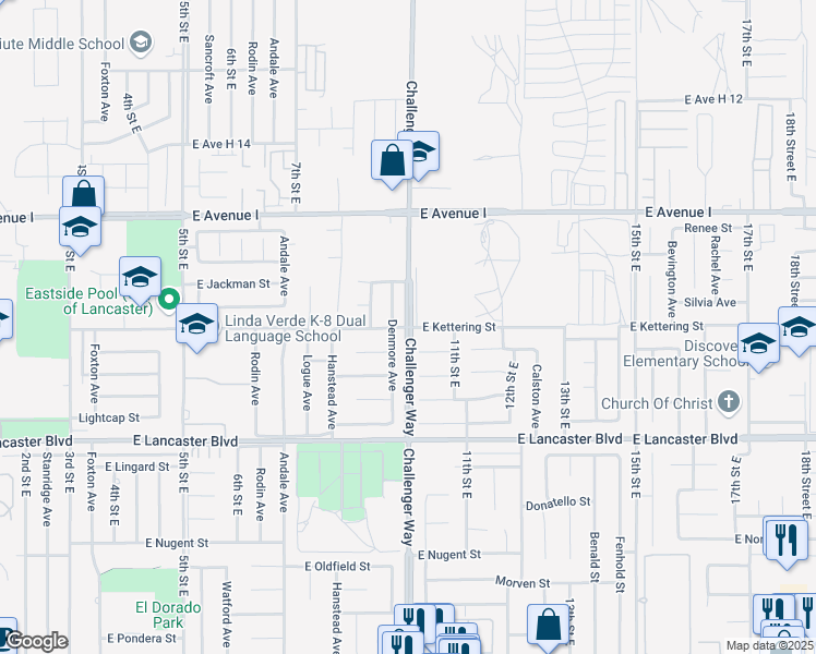 map of restaurants, bars, coffee shops, grocery stores, and more near Challenger Way in Lancaster