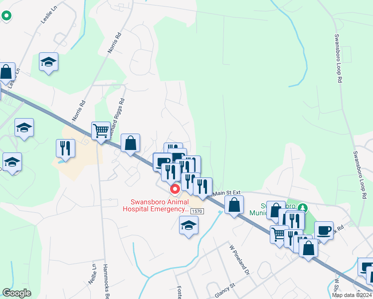 map of restaurants, bars, coffee shops, grocery stores, and more near 405 Patriot's Point Lane in Swansboro