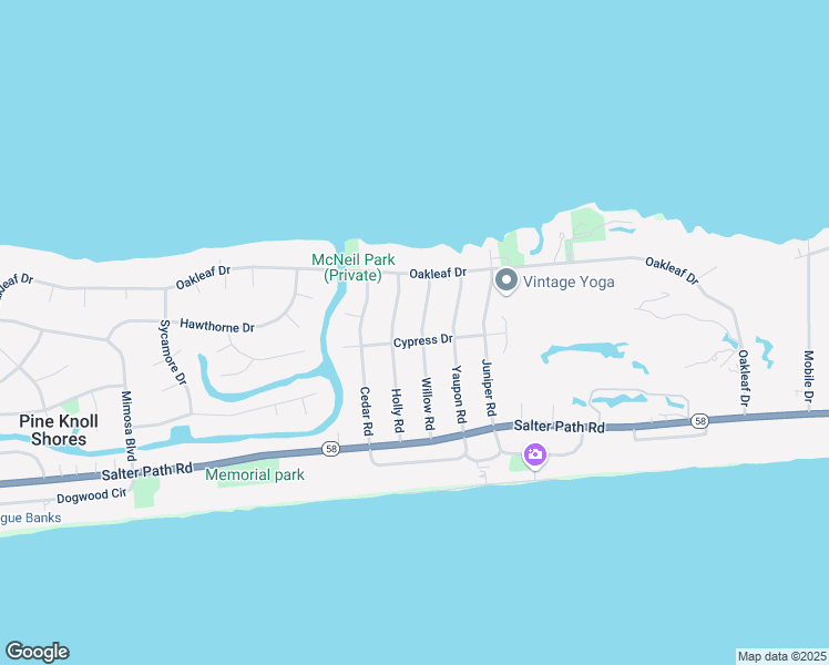 map of restaurants, bars, coffee shops, grocery stores, and more near 123 Willow Road in Pine Knoll Shores