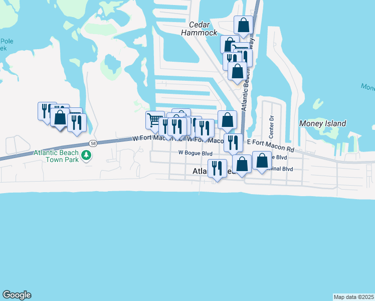 map of restaurants, bars, coffee shops, grocery stores, and more near 316 West Bogue Boulevard in Atlantic Beach