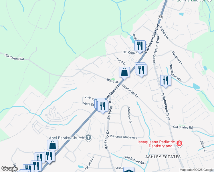 map of restaurants, bars, coffee shops, grocery stores, and more near 101 West Lane in Clemson