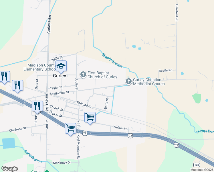 map of restaurants, bars, coffee shops, grocery stores, and more near 365 Sectionline Street in Gurley