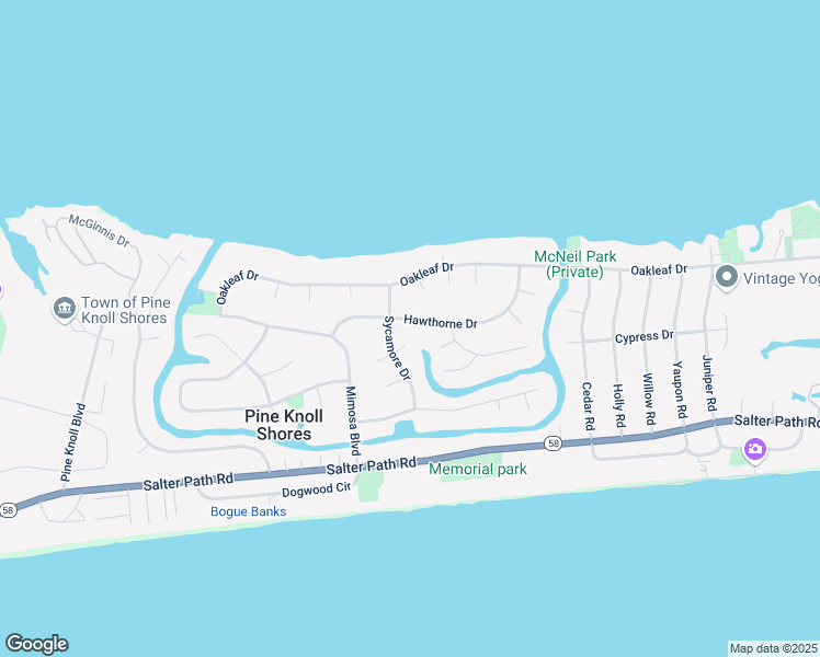 map of restaurants, bars, coffee shops, grocery stores, and more near 133 Hawthorne Dr in Pine Knoll Shores