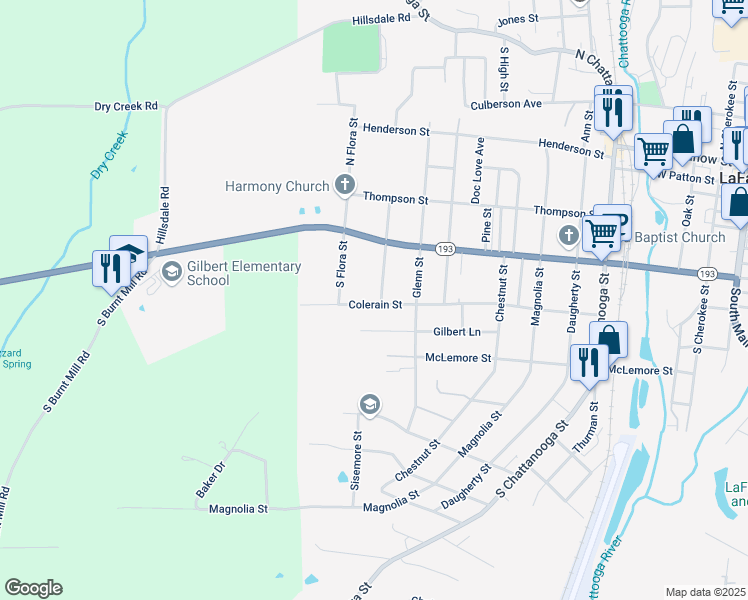 map of restaurants, bars, coffee shops, grocery stores, and more near 1002 Colerain Street in LaFayette