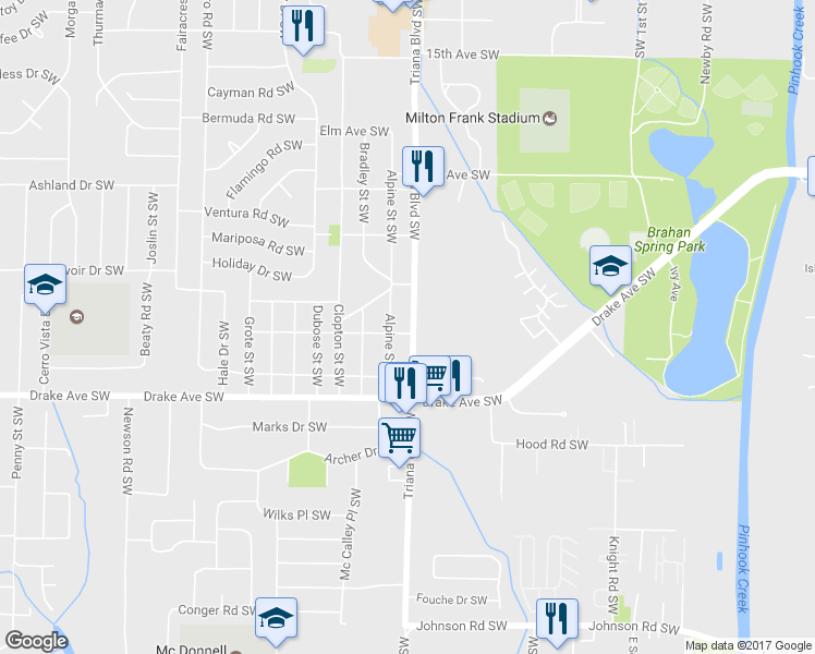 map of restaurants, bars, coffee shops, grocery stores, and more near 3509 Alpine Street Southwest in Huntsville