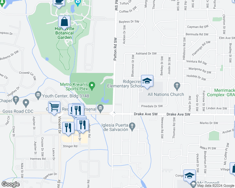 map of restaurants, bars, coffee shops, grocery stores, and more near 3613 Patton Road Southwest in Huntsville