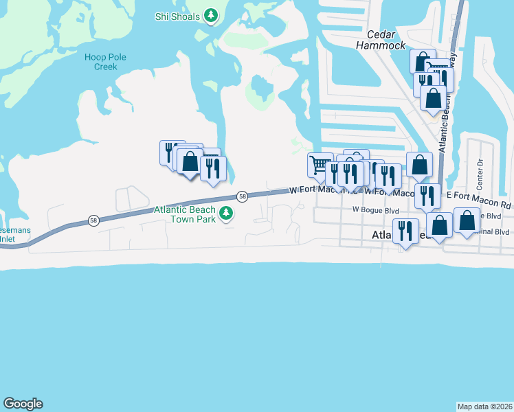 map of restaurants, bars, coffee shops, grocery stores, and more near 715 West Fort Macon Road in Atlantic Beach