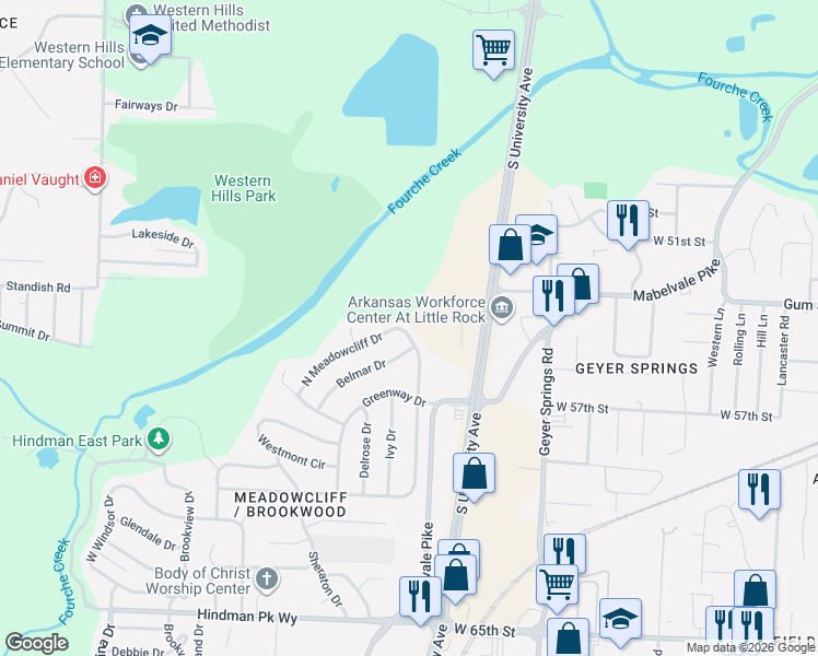 map of restaurants, bars, coffee shops, grocery stores, and more near 31 North Meadowcliff Drive in Little Rock
