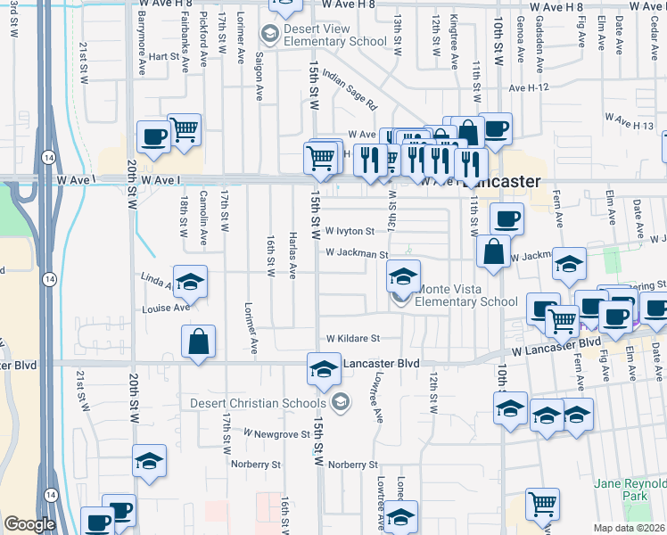 map of restaurants, bars, coffee shops, grocery stores, and more near 1423 Jenner Street in Lancaster