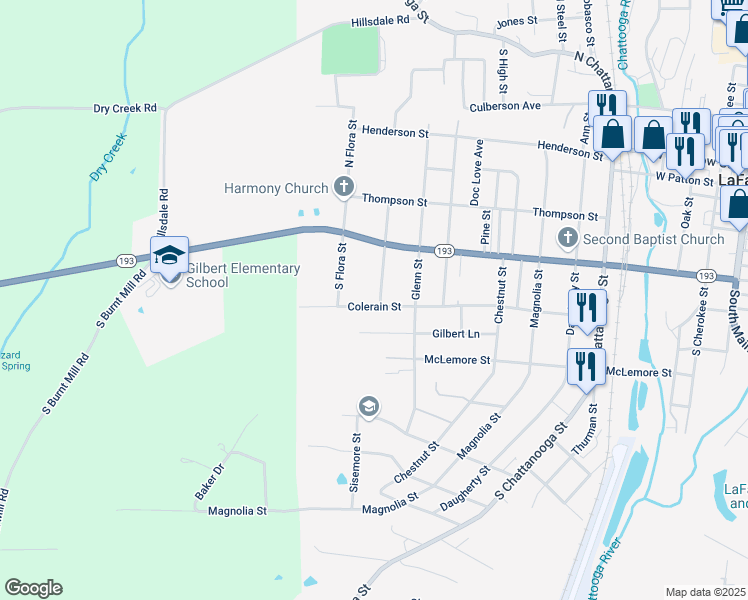 map of restaurants, bars, coffee shops, grocery stores, and more near 1002 Colerain Street in LaFayette