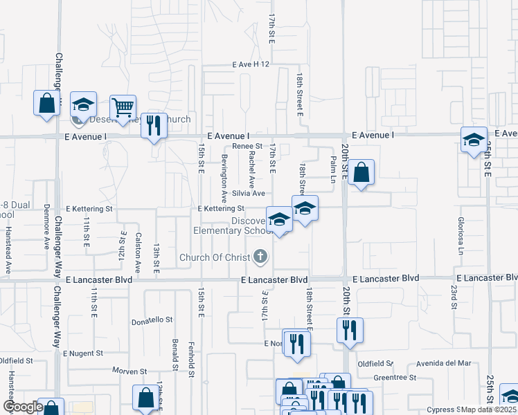 map of restaurants, bars, coffee shops, grocery stores, and more near East Kettering Street in Lancaster