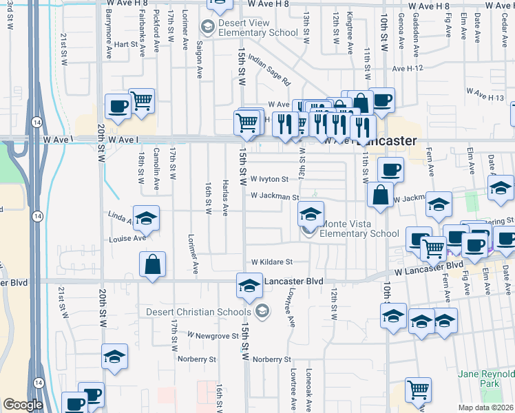 map of restaurants, bars, coffee shops, grocery stores, and more near 1423 Jenner Street in Lancaster