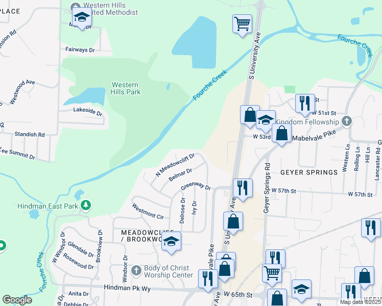 map of restaurants, bars, coffee shops, grocery stores, and more near 31 North Meadowcliff Drive in Little Rock