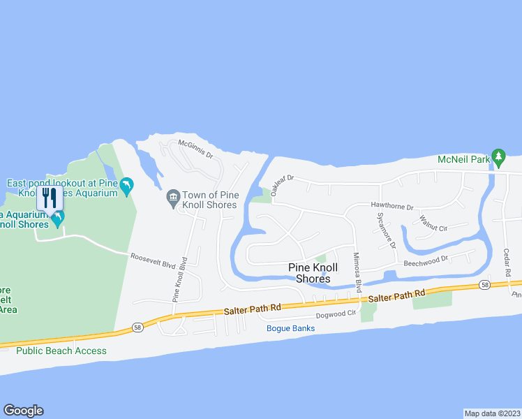 map of restaurants, bars, coffee shops, grocery stores, and more near 124 White Ash Drive in Pine Knoll Shores