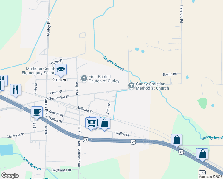 map of restaurants, bars, coffee shops, grocery stores, and more near 365 Sectionline Street in Gurley