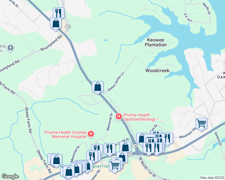 map of restaurants, bars, coffee shops, grocery stores, and more near 1022 Stephanie Lane in Seneca