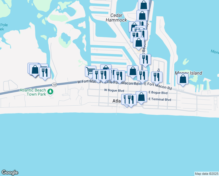 map of restaurants, bars, coffee shops, grocery stores, and more near 316 West Bogue Boulevard in Atlantic Beach