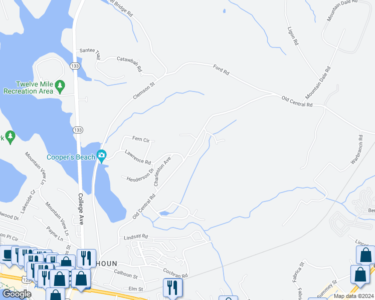 map of restaurants, bars, coffee shops, grocery stores, and more near 701 Old Central Road in Clemson