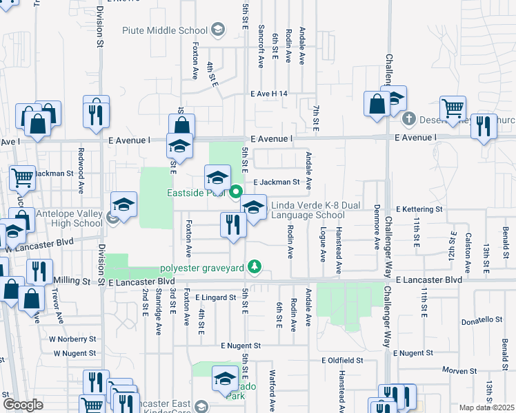 map of restaurants, bars, coffee shops, grocery stores, and more near 523 East Kettering Street in Lancaster
