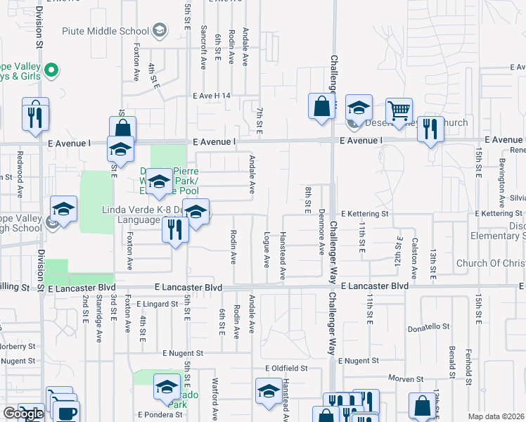 map of restaurants, bars, coffee shops, grocery stores, and more near 45001 Logue Court in Lancaster
