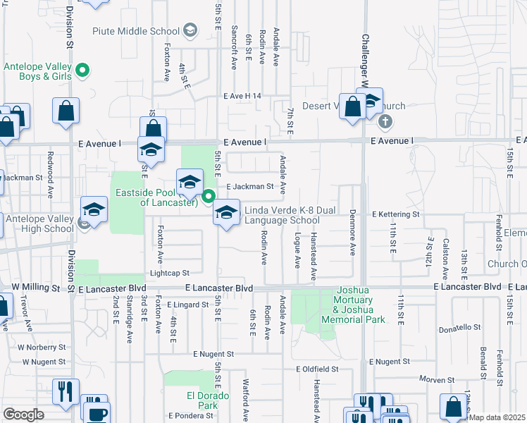map of restaurants, bars, coffee shops, grocery stores, and more near 621 East Kettering Street in Lancaster