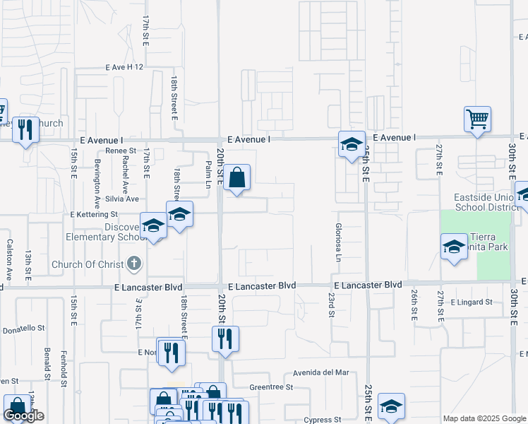 map of restaurants, bars, coffee shops, grocery stores, and more near 2133 East Kettering Street in Lancaster
