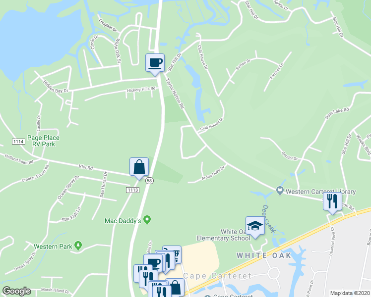 map of restaurants, bars, coffee shops, grocery stores, and more near 171 Hunter Brown Drive in Cape Carteret