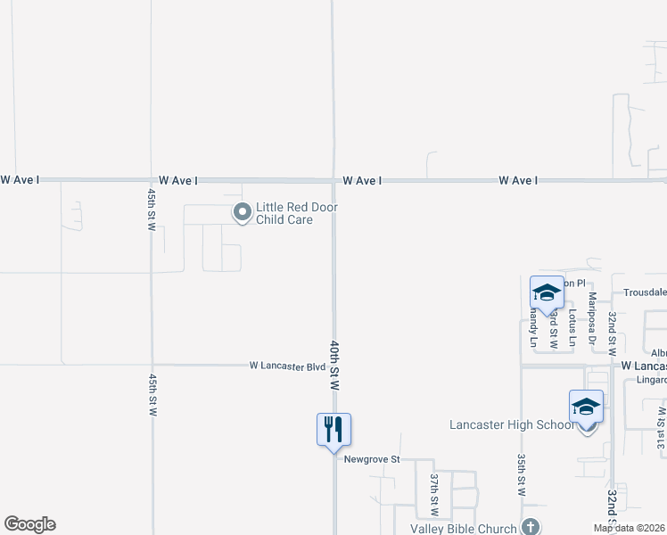 map of restaurants, bars, coffee shops, grocery stores, and more near 40th Street West in Lancaster